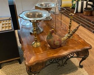 Coffee Table, Extra Large Pewter Compotes, Silver plate Tea Stand, Large Brass Candlesticks