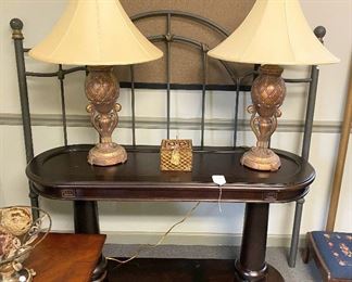Rectangular Mahogany Table and Lamps