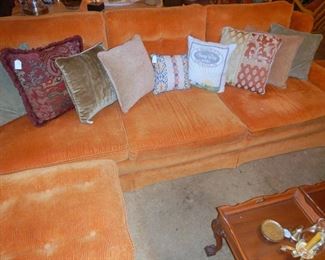 82' three cushion sofa in corduroy with two ottomans