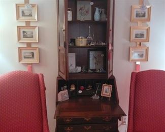 Small Ethan Allen secretary with curio top and drop front, pictured with Ethan Allen host and hostess chairs