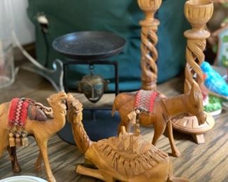 Olive wood carved figures and candlesticks