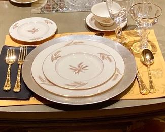PLACE SETTINGS FOR TWELVE! VINTAGE LENOX CHINA AND CRYSTAL, PLUS GOLD PLATED FLAT WARE BY WM. ROGERS & SONS