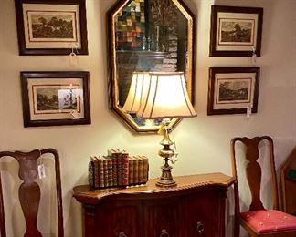 ANTIQUE ENGRAVINGS AND BOOKS, BRASS LAMP, VINTAGE CONSOLE CABINET AND TWO OF FOUR ANTIQUE QUEEN ANNE CHAIRS: ONLY $40 PER PAIR