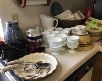 Vintage kitchen items. Lots of milk-glass throughout