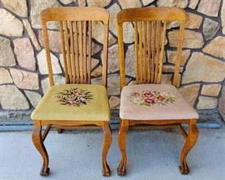 Pair oak chairs with needlepoint seats