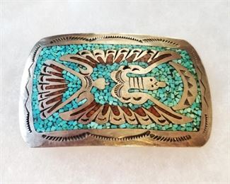 Inlaid turquoise & silver belt buckle