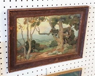 Arts & Crafts print "The Oaks" (Santa Paula Valley, California) by Marion Kavanaugh Wachtel. 9" x 14" in an 11 1/2" x 16 1/2" frame.