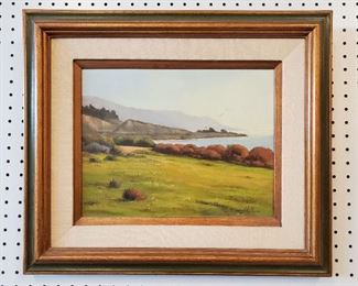 1982 oil on canvas painting entitled "Looking Toward Rincon Point From Ballard Bluffs" by listed artist Arturo Tello (California 1952-).