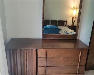 $600.00, MCM Bedroom set, includes queen bed & headboard, Dresser with mirror, 2 bedside tables, and two Tripod lamps, all in VG condition