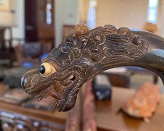 Carved horn dragon head cane