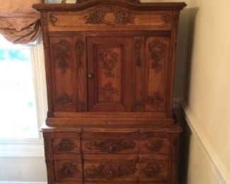 Antique wooden scrolled wood French cabinet with opening st top and drawers at bottom - purchased at Partain’s Antiques of New Orleans - $700.00