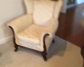 Antique upholstered occasional chair with wood accents - $200.00