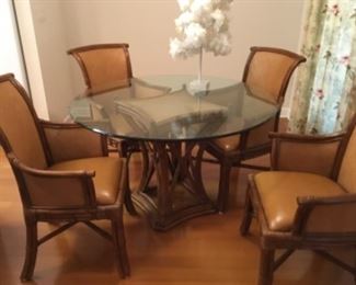 Breakfast set - table with heavy glass top & pedestal - includes the 4 leather and wood chairs - $600.00