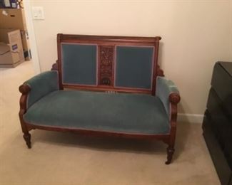 Antique carved wood and velour cushioned teal settee - $400.00