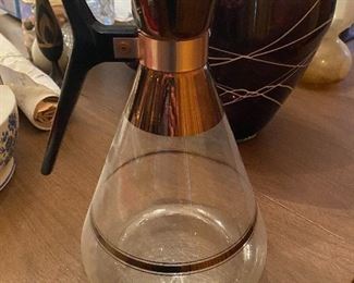 Vintage Atomic Glass Coffee Pot Copper Top Carafe Striped Rose Gold