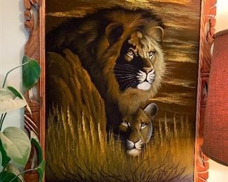Vintage Ortiz black velvet lion and lioness painting; ornate wooden frame; 40 x 28