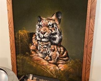 Vintage tiger painting, wooden frame