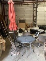 Round Metal Patio Table W/ Umbrella & 4 Arm Chairs