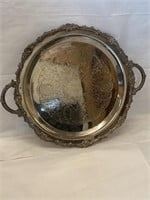 Round Ornate Silver Heavy Tabbed Handled Tray 