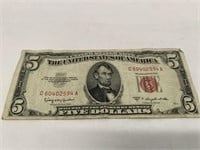 1953 United States Red Seal 5 Dollar Note 