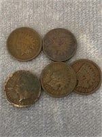 Lot Of 5 Indian Head Pennies Various Dates 