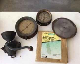 Universal coffee grinder. Federal gauge. Cedar Rapids gauge.  Gator blades box. Hitachi power tools saw blade