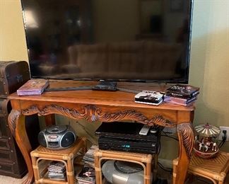 Sofa Table and Flat Screen TV, DVD Player, CDs and CD Players, Small Rattan Stands