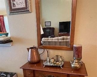 Tell City Young Republic Stenciled Console Cabinet with Matching Mirror, Brass and & Copper Items