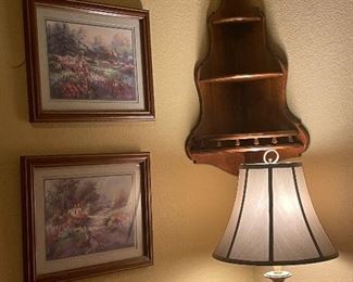 Metal Lamps, Tell City Corner Shelf, & Wall Art