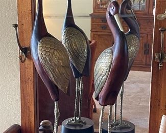 Tall Teak and Brass Birds Heron Stork Mid Century
