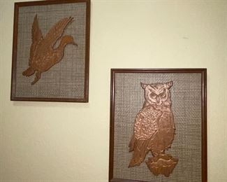 Mid Century Gass Cloth Teak Owl and Duck Framed