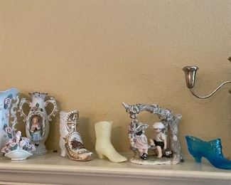 Glass and Pottery Shoes, Victorian Vases, Sterling Silver Convertible Candle Holders