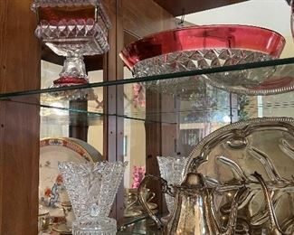 Silver-plate Tea Set, Crystal, Indiana Glass Ruby To Clear Candy Dish & Bowl, Crystal 