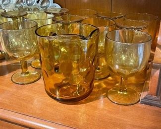 Bartlett Collins Amber Glass Thumbprint Goblets and Pitcher