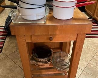 Butcher Block Table, Enamelware, Bakeware Casserole Dishes
