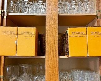 Whitehall Tumblers in Boxes Clear and Amber, Bartlett Collins Thumbprint Glasses, Winston Cigarette Heavy Dimpled Beer Mugs, Cubist Tumblers