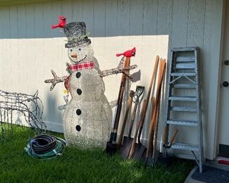Large Yard Snowman, Reindeer, Aluminum Ladder, Shovels, Hoes, Hoses and more