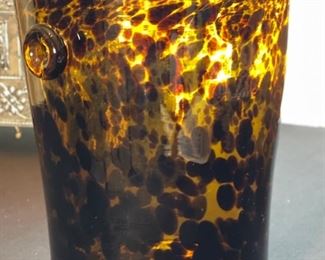 Art Glass Hand Blown Ice Bucket Unsigned  Tortoise Shell Ice	9.5 x 9 x 8	HxWxD
