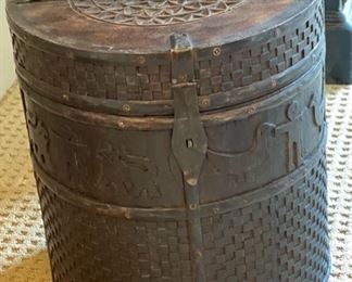 Hand Carved Indian Wood Round Chest	20in H x 18in diameter	
