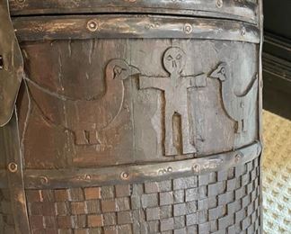 Hand Carved Indian Wood Round Chest	20in H x 18in diameter	
