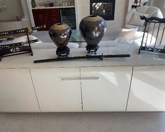 Console table is 84” long and has inner silverware drawer in center doors. 