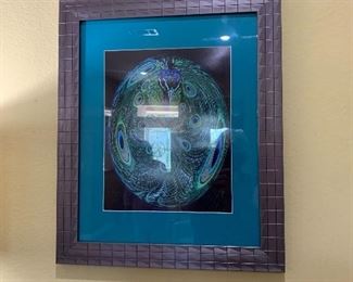 $125- Contemporary artisan framed art piece with peacock motif 