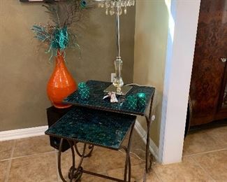 $325 - Glass tile top scrolled legged nesting tables 