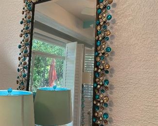 $275- Pier one gold, silver and turquoise Jeweled accented beveled mirror 