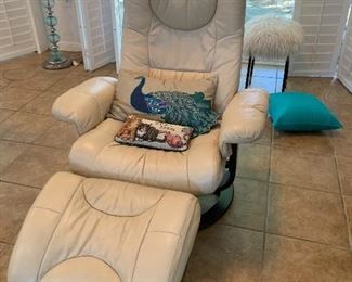 $525- Swedish cream Leather reclining chair with ottoman 