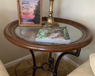 Round glass and wood side table