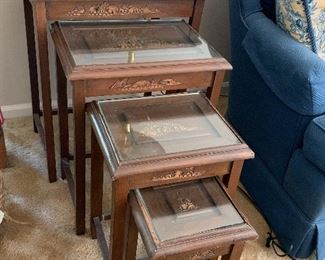 4pc Vtg. stackable carved tables w/glass tops
