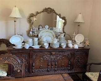 Vtg. ornately carved buffet, table and 6 chairs-large wall mirror