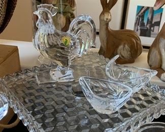 Waterford crystal Rooster & cut glass cake plate & cream & sugar 