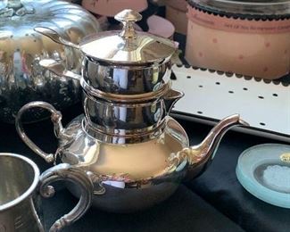 Restoration Hardware stainless steel stacking tea pot w/cream & sugar 